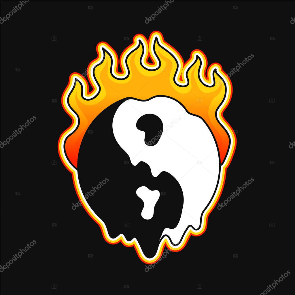 Yin Yang symbol burn in fire t-shirt print.Vector cartoon graphic illustration logo design.Yin yang melt,fire print for poster,t-shirt,logo concept