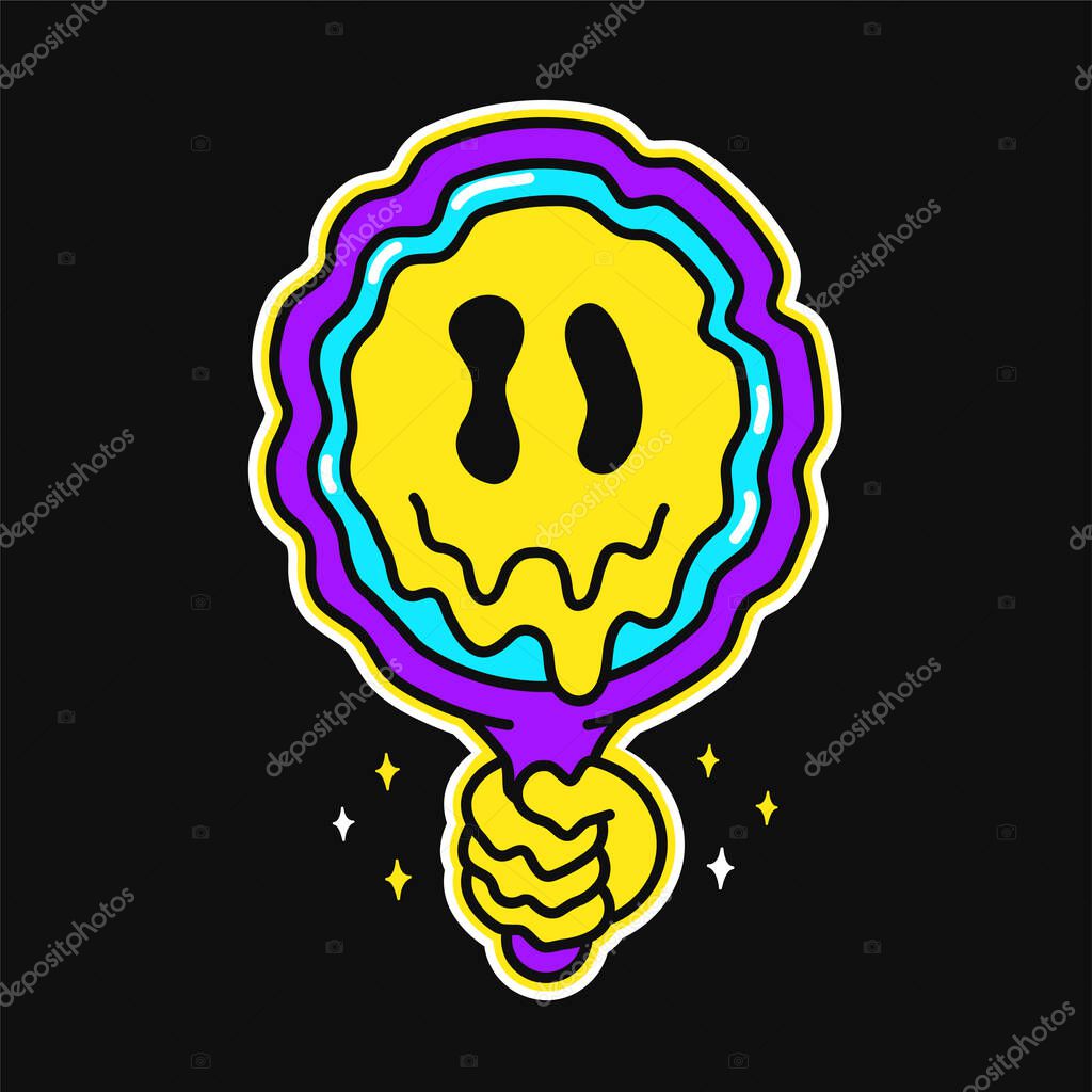 Funny psychedelic melt smile face in mirror logo.Vector cartoon character illustration logo.Smile yellow groovy faces melt,acid,techno,mirror,trippy print for t-shirt,poster,card concept
