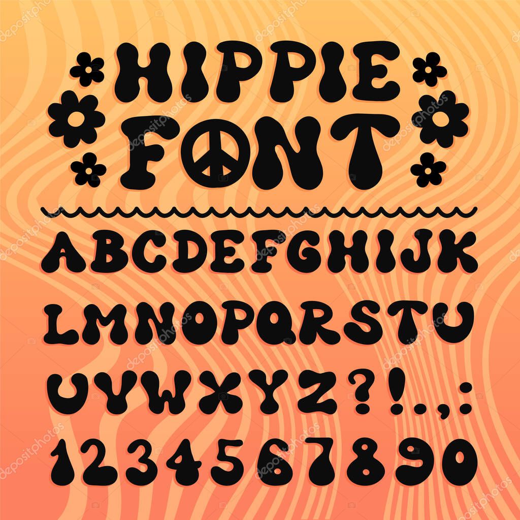 Hippie 60s,70s psychdedelic cartoon style font. Vector doodle illustration letters. Trendy alphabet,cartoon groovy hippie comic abc,60s,70s,funky concept