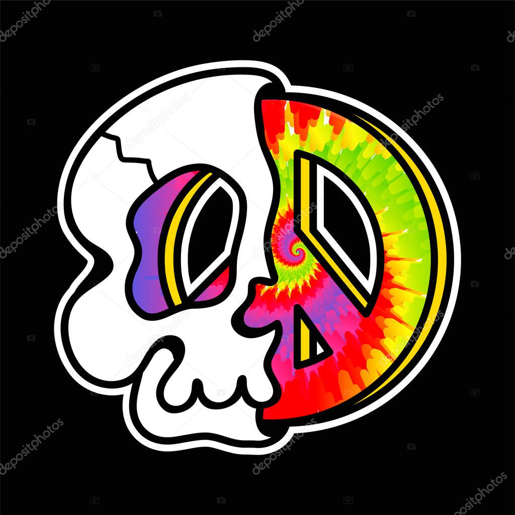 Half of skull with peace sign inside.Vector hand drawn line tie dye 70s style cartoon character illustration logo.Trippy half skull,tie dye,peace hippie symbol print for t-shirt,poster concept