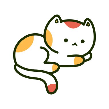 Sevimli komik kedi. Vektör düz çizgi çizgi film Kawaii karakter resimleme simgesi. Beyaz arka planda izole edilmiş. Kedi, kedicik evcil hayvan karakter konsepti
