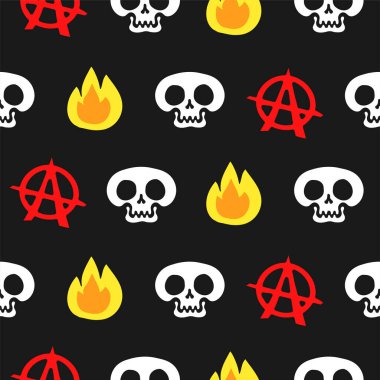 Kafatası, anarşi işareti ve alevli dikişsiz desen, duvar kağıdı. Vektör eli çizgi film karakteri çizimi. Kafatası, ateş, alev, anarşi, pankçı dikişsiz duvar kağıdı baskısı.