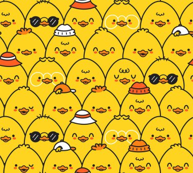 Sevimli komik ördekler, dikişsiz desenler, duvar kâğıdı, arka plan. Vektör el çizimi karikatür çizimi kawaii karakter çizimi logosu. Şirin mutlu ördekler çizgi film kawaii kusursuz desenli sanat konsepti