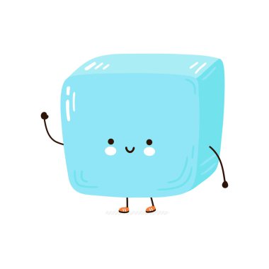 Tatlı buz küpü karakteri. Vektör el çizimi çizgi film kawaii karakter çizimi simgesi. Beyaz arka planda izole edilmiş. Buz küpü karakter kavramı