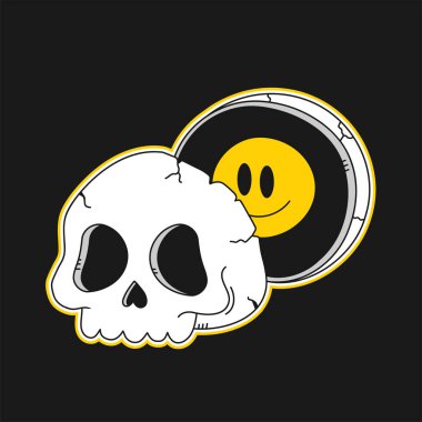 Kafatasının yarısı gülümseyen yüzle çizilmiş. Vektör el çizgisi 70 'lerin tarzı çizgi film karakteri illüstrasyon logosu. Trippy half skull, psychedelic, acid, smile emoji face print for t-shirt, poster konsepti.