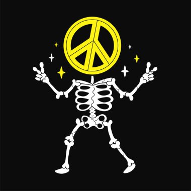Barış işareti olan bir iskelet. Tişört izi. Vektör karalama çizgisi çizgi karakter logosu illüstrasyonu. Trip, asit, saykodelik, hippi iskeleti, posterdeki barış sembolü baskısı, tişört, logo konsepti.