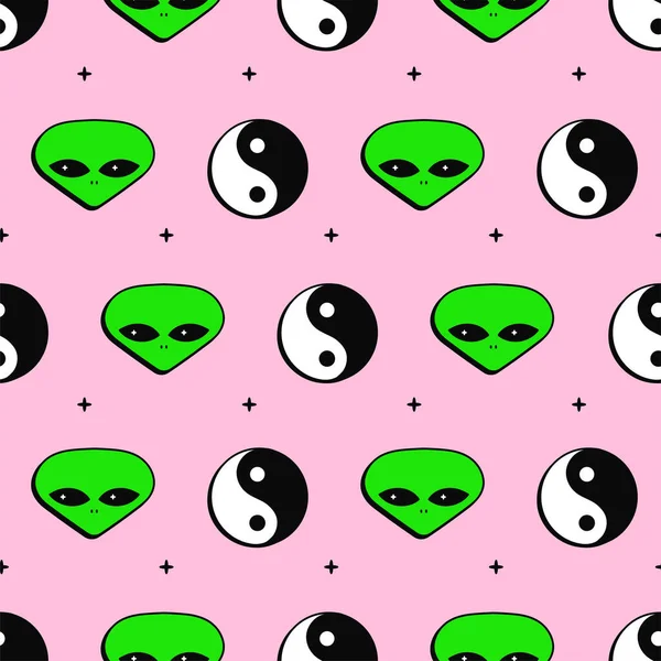 Yin Yang Alien Face Seamless Pattern Vector Cartoon Character Illustration — стоковый вектор