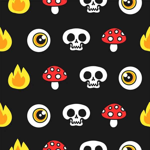 Skull Amanita Mushroom Eye Flame Seamless Pattern Wallpaper Vector Hand — ストックベクタ
