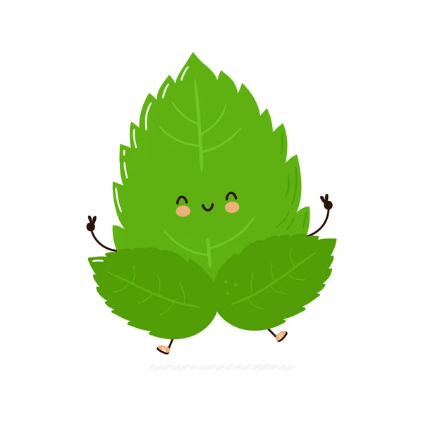 Cute Funny Mint Leaf Character Vector Hand Drawn Cartoon Kawaii — Vetor de Stock