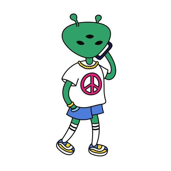 Funny Hipster Alien Walk Vector Trendy Doodle Cartoon Style Character — Vetor de Stock