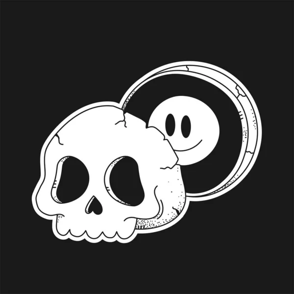 Half skull,smile face inside.Vector hand drawn line doodle 70s style cartoon character illustration logo.Trippy half skull,psychedelic,acid,smile emoji face print for t-shirt,poster concept — Stock Illustration Half Skull Smile Face Vector Hand Drawn Line Doodle 70S Royalty Free Stock Vectors