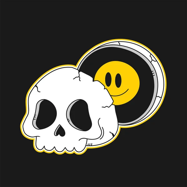 Half of skull with smile face inside.Vector hand drawn line doodle 70s style cartoon character illustration logo.Trippy half skull,psychedelic,acid,smile emoji face print for t-shirt,poster concept — Stock Illustration Half Skull Smile Face Vector Hand Drawn Line Doodle 70S Vector Graphics