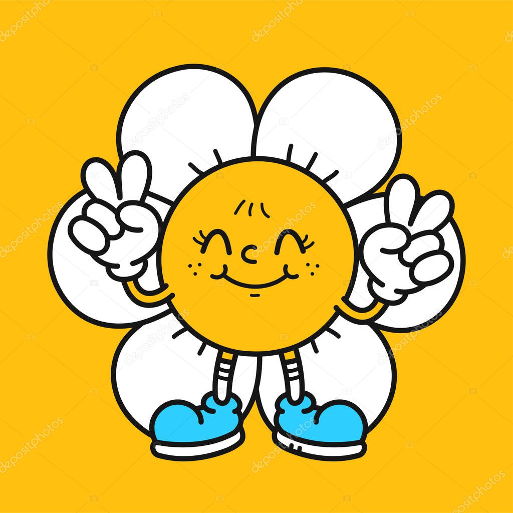 Cute funny flower show peace gesture t-shirt print design. Vector retro vintage cartoon character illustration. Funny hippie flower,camomile print for t-shirt,poster,sticker,logo art concept