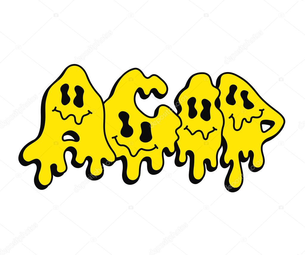 Acid quote,melt emoji face print for t-shirt.Vector hand drawn cartoon character illustration.Acid text.Funny trippy letters,trip,lsd fashion print for t-shirt,poster,logo art concept
