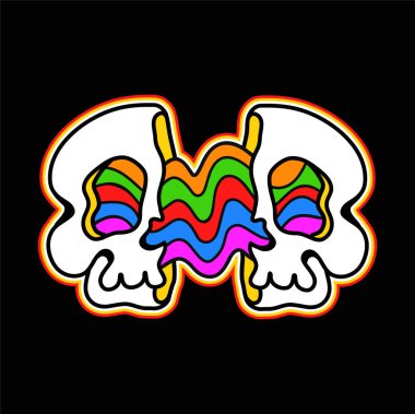 Kafatası yüzünün yarısı, canlı yağmur. Vektör el karalaması 90 'ların çizgi film karakteri çizimi. Beyaz arka planda izole edilmiş. Kafatası kavramı.