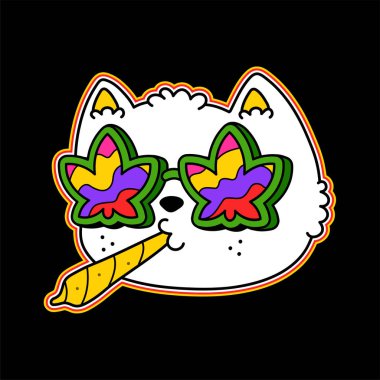 Esrarlı tişört desenli garip bir kedi. Vektör logosu karakter çizimi. Trippy cat, psychedelic kittie, smoke weed, joint, marijuana print for t-shirt, poster, sticker, logo sanat konsepti