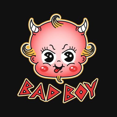 Funny baby devil head print for t shirt. Vector line doodle traditional retro cartoon illustration. Bad boy quote. Funny vintage cartoon demon print poster,t-shirt,sticker concept