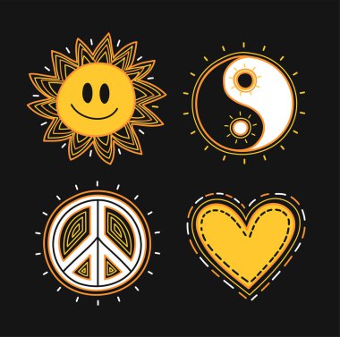 Yin Yang, barış sembolü, gülümseyen yüzlü güneş. Vektör eli çizgi film karakteri çizimi. Yin Yang, gülümse güneş, kalp, aşk hippi barış sembolü, boho, 60 'lar, 70' ler koleksiyon baskısı.