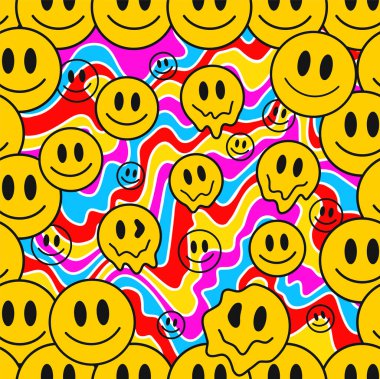 Psychedelic lines and melt smile face seamless pattern. Vector doodle cartoon illustration. Trippy,lsd,acid,smile melt emoji face seamless pattern lines art concept