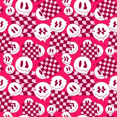 Funny melt smile faces geometry seamless pattern.Vector crazy cartoon character illustration.Smile techno faces melting acid,trippy,cells,techno,space seamless pattern wallpaper print concept