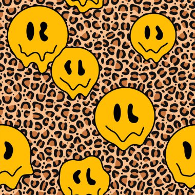Leopard skin,melt smile face seamless pattern art.Vector style cartoon illustration design wallpaper.Leopard,jaguar skin fur,trippy,acid,melt 90s fashion seamless pattern background concept