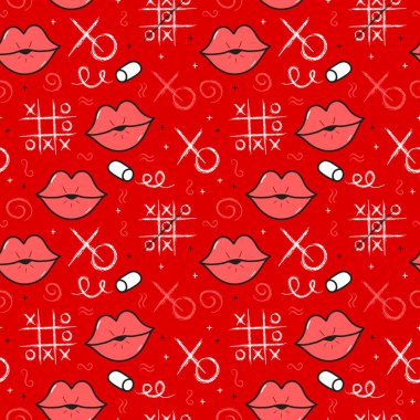 Lips and tic-tac-toe seamless pattern. Vector illustration background