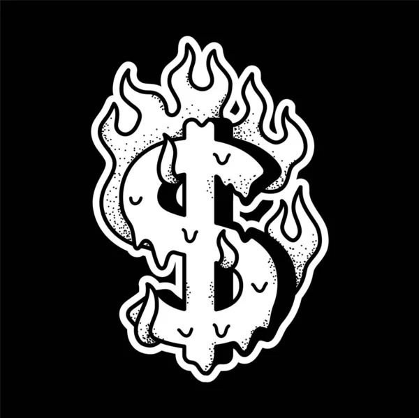 火災Tシャツの印刷で燃焼ドル記号ベクトル漫画のグラフィックイラストのロゴデザイン ポスター Tシャツ ロゴコンセプトのためのお金 火災プリント — ストックベクタ