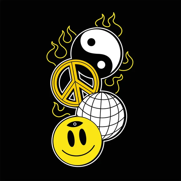 Yin Yang Sphere Smile Face Peace Signs Burn Fire Vector — Vetor de Stock