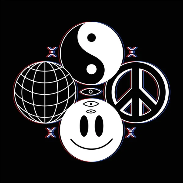 Yin Yang Sphere Smile Face Peace Signs Vector Line Graphic — Stok Vektör