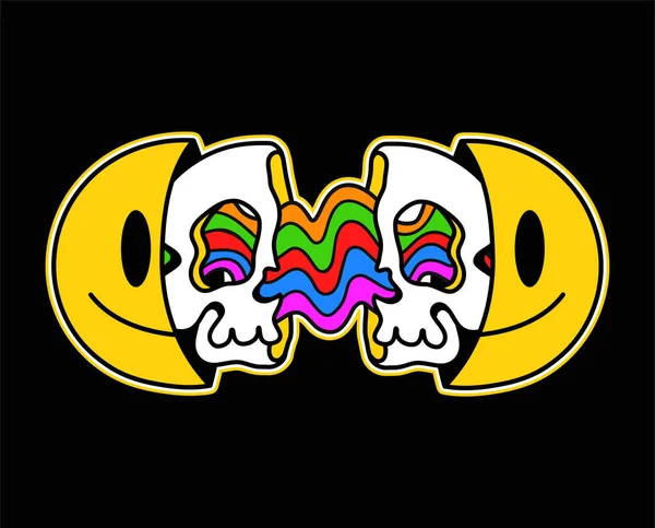 Two Half Skull Face Smile Face Vibrant Rainbow Vector Hand — Stock vektor