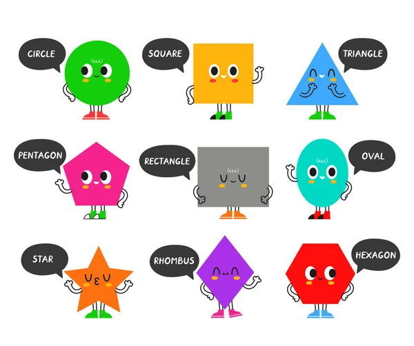Cute Funny Happy Geometry Shapes Character Set Collection Vector Flat — Stock Vector