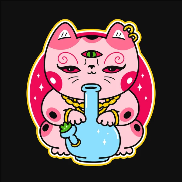 Leuke Grappige Kawaii Aziatische Maneki Neko Kat Met Bong Vector — Stockvector