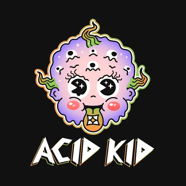 Funny Acid Kid Print Shirt Vector Line Doodle Traditional Retro — Vettoriale Stock