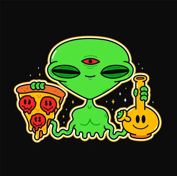 Funny Green Alien Pizza Slice Bong Vector Logo Cartoon Character — Stock Vector