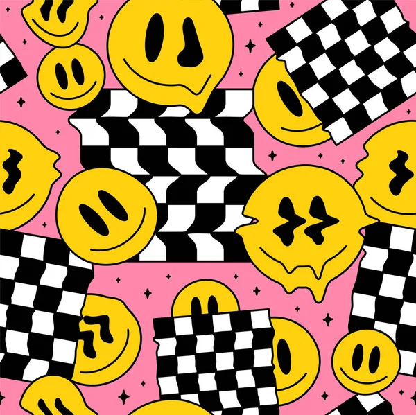 Funny Melt Smile Faces Geometry Seamless Pattern Vector Crazy Cartoon — ストックベクタ