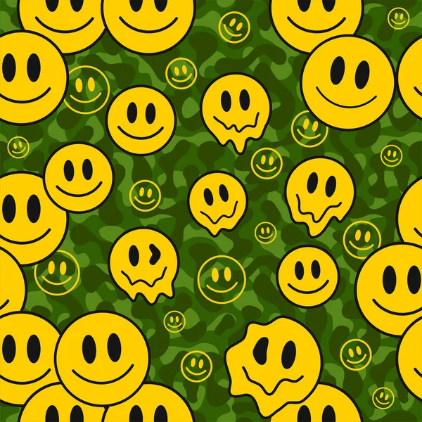 Army Green Camouflage Melt Smile Face Seamless Pattern Art Vector — стоковый вектор