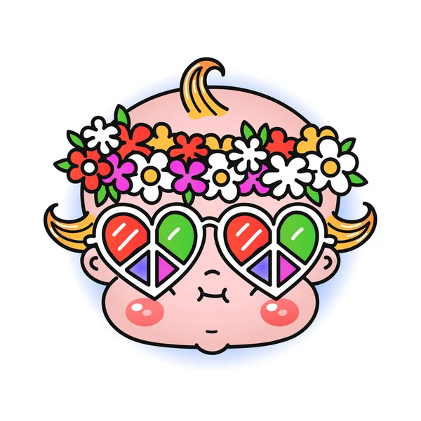 Funny Baby Hippie Head Print Shirt Vector Line Doodle Traditional — 图库矢量图片