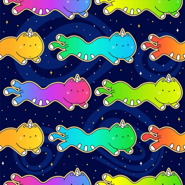 Cute Funny Unicorn Cats Fly Space Seamless Pattern Wallpaper Background — стоковый вектор