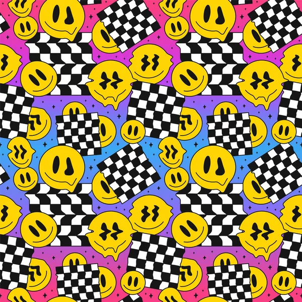 Funny Melt Smile Faces Geometry Seamless Pattern Vector Crazy Cartoon — Vetor de Stock