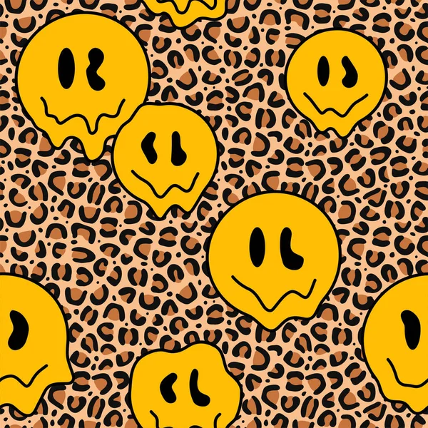Leopard Skin Melt Smile Face Seamless Pattern Art Vector Style — ストックベクタ