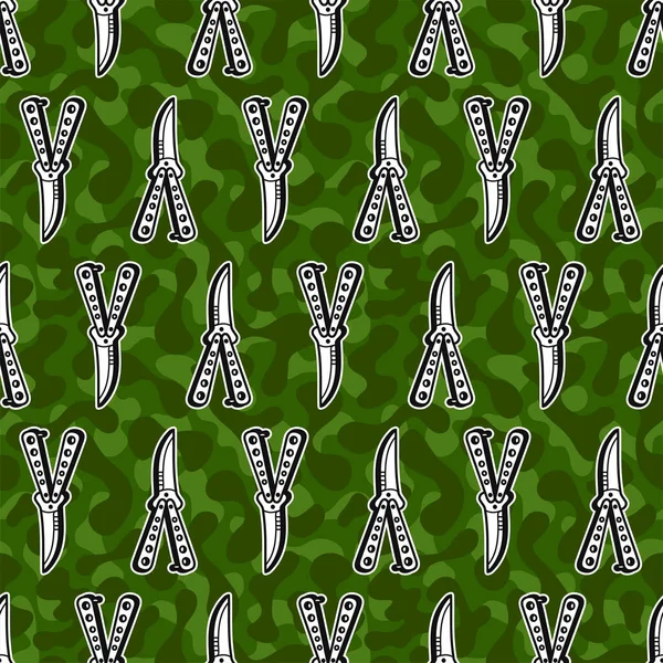 Army Green Camouflage Butterfly Knife Seamless Pattern Art Vector Style — Vetor de Stock