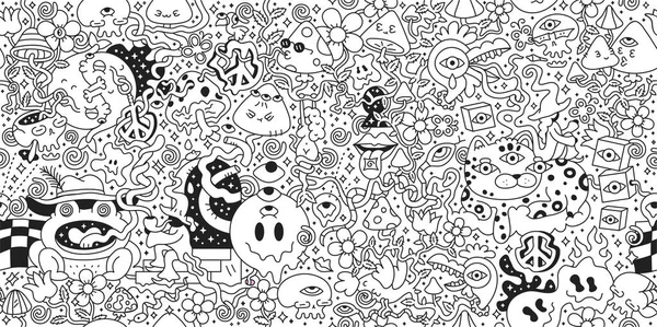 Psychedelic Trippy Seamless Pattern Page Coloring Book Mushroom Magic Wizard — Vetor de Stock