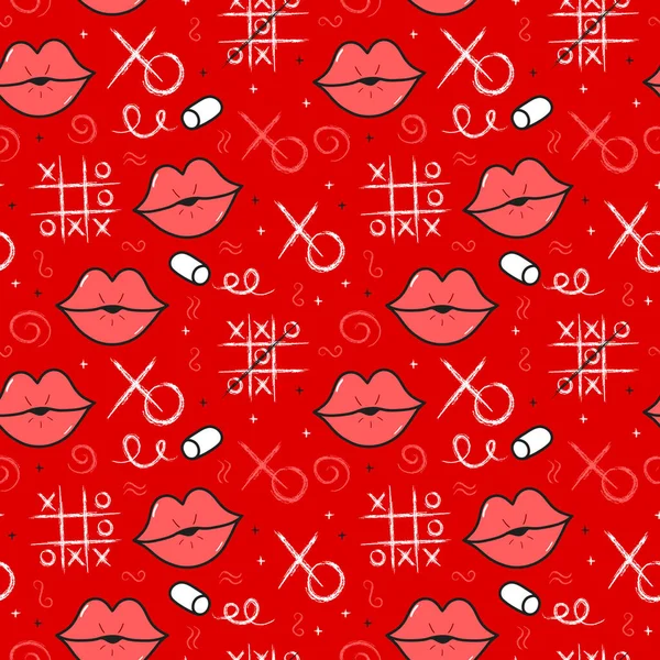 Lips Tic Tac Toe Seamless Pattern Vector Illustration Background — Stock Vector