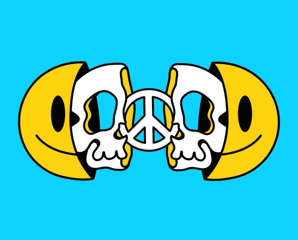 Two half of smile face with skull and peace inside. Vector hand drawn doodle 90s style cartoon character illustration. Trippy smile face,peace,skull print for t-shirt,poster,card concept — Stock Illustration Two Half Smile Face Skull Peace Vector Hand Drawn Doodle Royalty Free Stock Illustrations