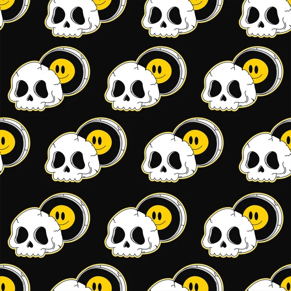 Half of skull with smile face inside seamless pattern art.Vector line doodle 70s style cartoon character illustration logo.Trippy half skull,psychedelic,acid,smile emoji face seamless pattern concept — Stock Illustration Half Skull Smile Face Seamless Pattern Art Vector Line Doodle Stock Illustration