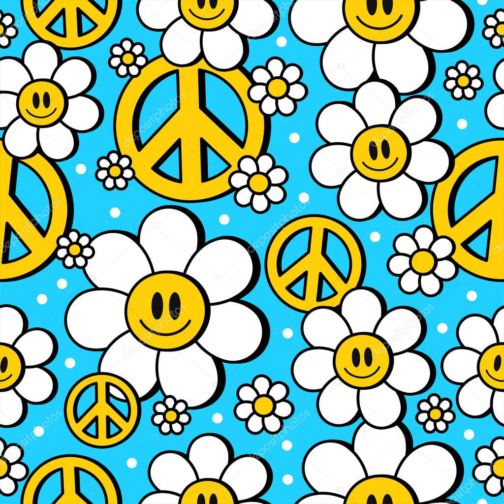Yin Yang,peace hippie symbol in flower seamless pattern. Vector hand drawn trendy cartoon logo illustration.Hippie Yin Yang,60s,70s,groovy.trippie fashion print seamless pattern concept