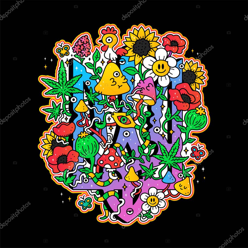 Ukrainian coat of arms with magic mushrooms,flowers t-shirt print design. Vector cartoon character illustration. Trippy,magic mushrooms,psychedelic print for t-shirt,poster,sticker,logo concept