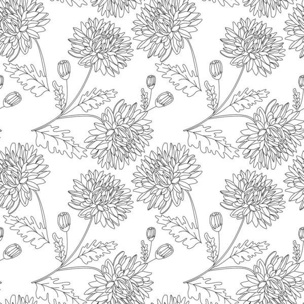 Seamless pattern with black outlined chrysanthemum flowers, buds, and leaves on white isolated background. — Stock Vector