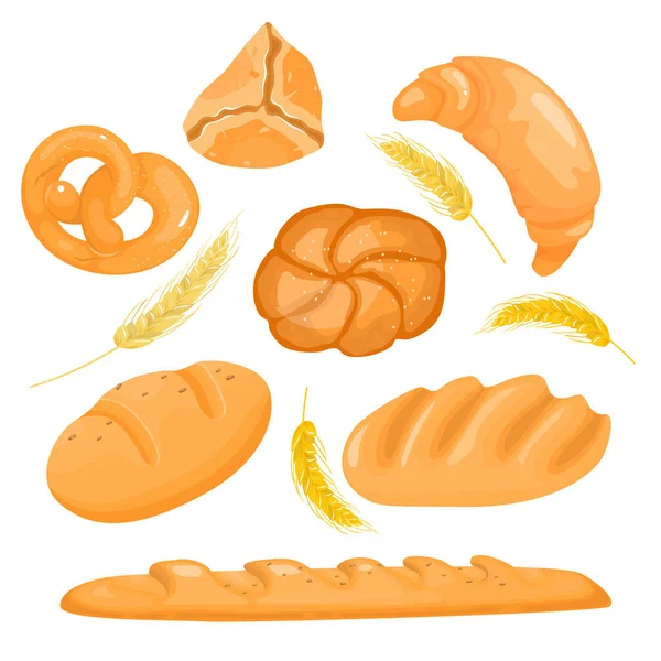 Sada pekařských výrobků. Chléb, bochník, bageta v kresleném stylu. — Stockový vektor