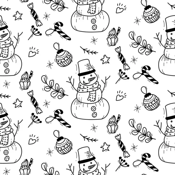 Patrón con elementos de Navidad en estilo doodle para la tela, muñeco de nieve lindo. — Vector de stock